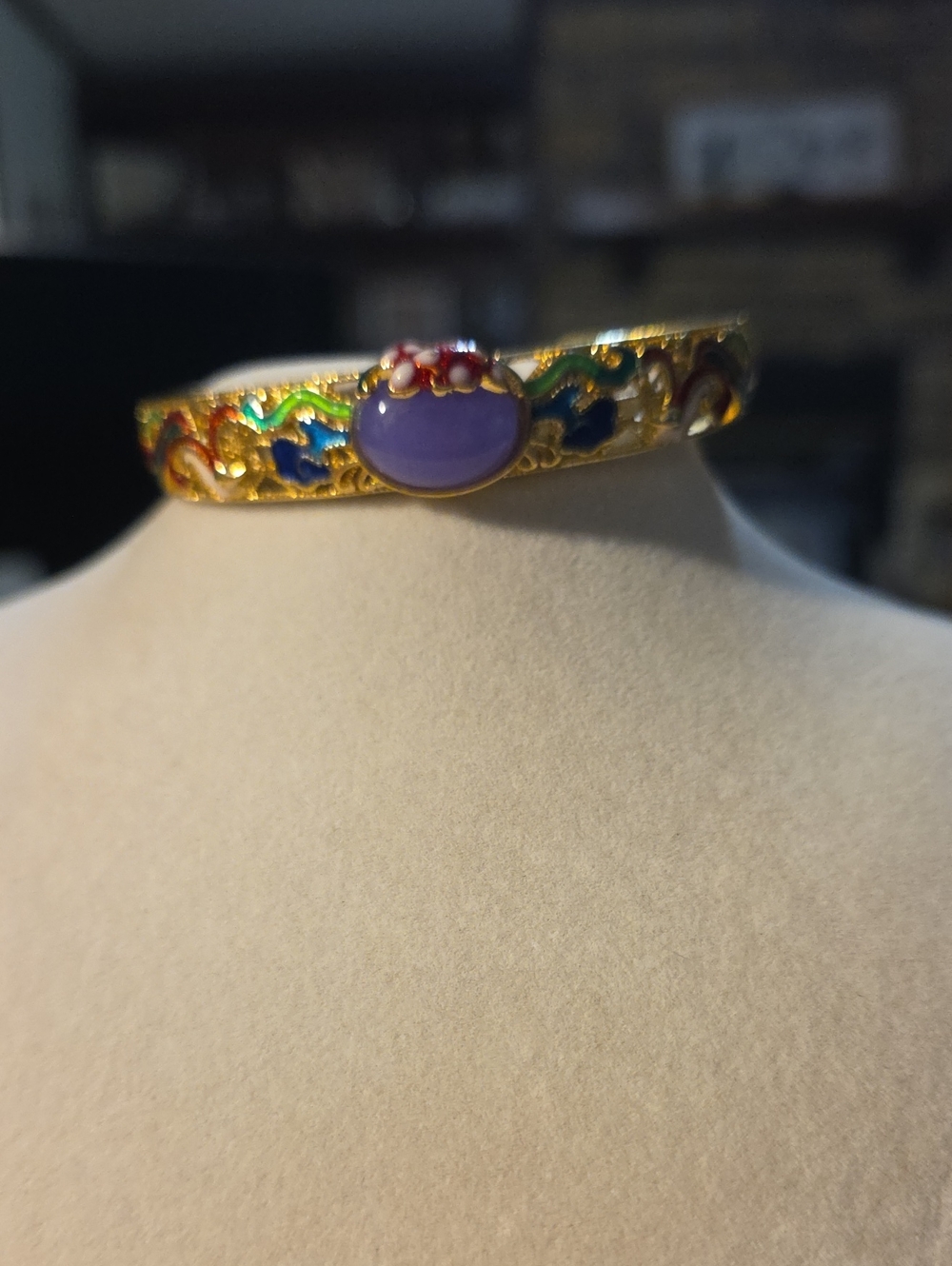 Gold-Tone Purple Jade Stone Cloisonné Bangle Bracelet